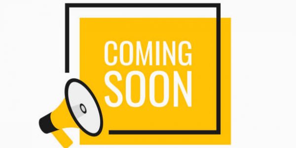 Geometric banner. Megaphone with coming soon bubble. Loudspeaker. Modern flat style vector illustration.